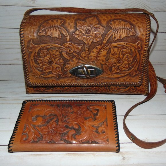 Hand-Tooled Leather Floral Western Vintage Shoulder Bag and Checkbook Cover - Picture 1 of 14